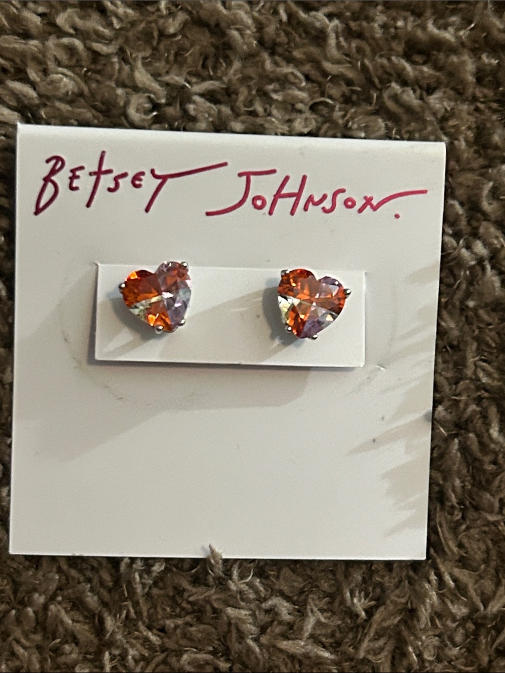 Betsey Johnson Heart Crystal Stud Earrings - Orange & Pink Sparkle